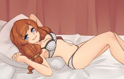 Rule 34 | 1girl, bare arms, bare legs, bare shoulders, bed sheet, blue eyes, blush, bra, breasts, brown hair, closed mouth, curtains, etrian odyssey, feet out of frame, fencer (sekaiju), from side, grey bra, grey panties, long hair, looking at viewer, lying, medium breasts, monorus, navel, on back, on bed, panties, pillow, polka dot, polka dot bra, polka dot panties, sekaiju no meikyuu, sekaiju no meikyuu 5, smile, solo, underwear, underwear only