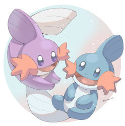 Rule 34 | alternate color, animal focus, artist name, blue eyes, blue skin, colored skin, commentary request, creatures (company), fins, game freak, gen 3 pokemon, head fins, highres, iwasi 29, mudkip, nintendo, no humans, open mouth, pokemon, pokemon (creature), purple eyes, purple skin, shiny pokemon, sitting, smile, tail, tongue, twitter username, white background
