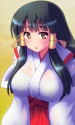 Rule 34 | 1girl, arcana heart, black hair, bra, breasts, highres, japanese clothes, kasuga maori, large breasts, leaning forward, long hair, long skirt, looking at viewer, miko, open mouth, orange eyes, see-through, skirt, solo, underwear, wet, wet clothes, white bra
