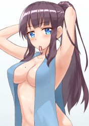 Rule 34 | 10s, 1girl, adjusting hair, armpits, arms behind head, arms up, blue eyes, blush, breasts, brown hair, cleavage, highres, long hair, looking at viewer, mole, mole on breast, mouth hold, navel, new game!, ponytail, shunichi, solo, takimoto hifumi, upper body