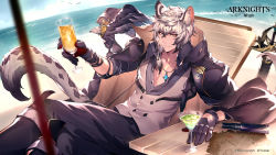 Rule 34 | 1boy, absurdres, animal ear fluff, animal ears, arknights, beach chair, bird, black pants, copyright name, cup, drinking glass, essual (layer world), feet out of frame, grey eyes, highres, holding, holding cup, leopard ears, leopard tail, looking at viewer, male focus, official alternate costume, official art, pants, shirt, short hair, silver hair, silverash (arknights), silverash (seeker) (arknights), sitting, smile, solo, tail, tenzin (arknights), white shirt
