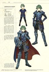 Rule 34 | alm (fire emblem), alternate language, armor, character name, character profile, character sheet, child, fire emblem, fire emblem echoes: shadows of valentia, full body, gauntlets, gloves, green eyes, green hair, hard-translated, headband, hidari (left side), highres, male focus, multiple persona, multiple views, nintendo, non-web source, official art, scan, shield, short hair, smile, spoilers, third-party edit