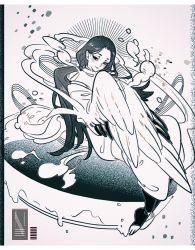 Rule 34 | 1girl, bowl, dungeon meshi, facial mark, floating, full body, halo, hands up, haun, japanese clothes, long hair, looking at viewer, maizuru, monochrome, no shoes, pants, pointy ears, smile, smoke, solo, toeless legwear, winged arms, wings