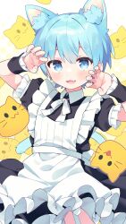 Rule 34 | 1girl, animal ear fluff, animal ears, blue eyes, blue hair, blush, commentary request, fang, fingernails, highres, kano hito, looking at viewer, maid, misskey.io, murakami-san (misskey.io), open mouth, skin fang, smile, thighs, wrist cuffs
