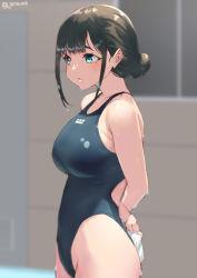 Rule 34 | 1girl, arms behind back, artist name, bare shoulders, blue eyes, blue one-piece swimsuit, blurry, blurry background, blush, breasts, closed mouth, collarbone, competition swimsuit, cowboy shot, curvy, hair bun, highres, holding, indoors, jonsun, large breasts, long hair, looking afar, mole, mole under eye, one-piece swimsuit, original, single hair bun, solo, swimsuit, wet