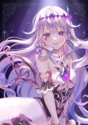 Rule 34 | 1girl, breasts, chest jewel, dress, highres, hololive, hololive english, jewel under eye, koseki bijou, long hair, looking at viewer, purple eyes, reina reina07, small breasts, virtual youtuber, white dress, white hair