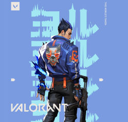 Rule 34 | 1boy, absurdres, black gloves, blue hair, blue jacket, brown eyes, commentary, copyright name, earrings, english commentary, english text, eyebrow cut, gloves, gun, hair behind ear, highres, holding, holding gun, holding weapon, jacket, jewelry, looking at viewer, male focus, official art, open hand, snatti, solo, submachine gun, valorant, weapon, yoru (valorant)