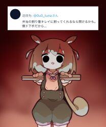 Rule 34 | 1girl, artist name, black eyes, brown background, chopsticks, commentary request, cowboy shot, green hair, green overalls, half-split chopsticks, highres, holding, holding chopsticks, long hair, looking at viewer, low ponytail, nikamoka, no sclera, open mouth, overall shorts, overalls, puffy short sleeves, puffy sleeves, purple ribbon, ribbon, screenshot inset, shirt, short sleeves, solo, straight-on, translation request, tweet, twitter username, very long hair, voiceroid, voicevox, white shirt, zundamon
