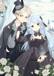 Rule 34 | 1boy, 1girl, bad id, bad pixiv id, black bow, black dress, black eyes, black hat, black jacket, black vest, blue hair, blue sky, blush, bow, brown eyes, building, closed mouth, cloud, cloudy sky, commission, day, dress, fingernails, flower, grey hair, grey shirt, haruri, hat, highres, holding hands, interlocked fingers, jacket, jacket on shoulders, long hair, long sleeves, mini hat, mini top hat, original, outdoors, parted bangs, parted lips, petals, puffy short sleeves, puffy sleeves, rose, rose petals, shirt, short hair, short sleeves, sky, sleeves past wrists, smile, tilted headwear, top hat, tower, very long hair, vest, white flower, white rose, wrist cuffs
