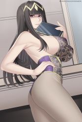 Rule 34 | 1girl, armpit peek, aslindsamure, ass, black hair, book, breasts, fire emblem, hand on own hip, highres, large breasts, legs, lipstick, long hair, looking at viewer, makeup, nintendo, pantyhose, parted lips, pink lips, purple eyes, seductive smile, sideboob, smile, solo, tharja (fire emblem), thighs