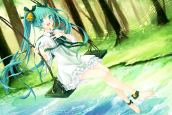 Rule 34 | 1girl, ankle cuffs, anklet, aqua eyes, aqua hair, barefoot, bell, detached sleeves, dutch angle, feet, fujishiki aiko, hair bell, hair ornament, hand on own chest, hatsune miku, jewelry, long hair, looking at viewer, open mouth, sitting, solo, swing, swinging, tree, twintails, very long hair, vocaloid, water
