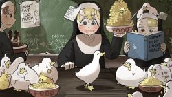 Rule 34 | 4girls, ^ ^, animal, animal on head, beak, bird, bird on head, blonde hair, blue eyes, body writing, book, bow, bowl, chalk, chalkboard, chicken, clinging, closed eyes, clumsy nun (diva), commentary, corn, diva (hyxpk), doughnut, drawing, duck, duckling, eating, english commentary, english text, family, feeding, food, food on body, food on face, frog, hair bow, hanging plant, hiding, holding, holding bowl, holding chalk, holding food, hungry nun (diva), little nuns (diva), motion blur, multiple girls, note, nun, on head, open mouth, out of frame, poster (object), reading, red bow, red eyes, red hair, skinny, spicy nun (diva), spoon, star (symbol), sticker, sweat, sweatdrop, tag, traditional nun, weight conscious, yellow eyes