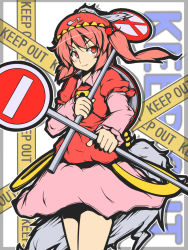 Rule 34 | 1girl, blurry, blurry background, blush, caution tape, cowboy shot, english text, female focus, hair bobbles, hair ornament, hat, kawashiro mitori, keep out, layered sleeves, lock, long sleeves, looking at viewer, miniskirt, no entry sign, original, ototobe, outline, pink skirt, red eyes, red hair, road closed sign, road closed to all sign, road sign, short hair, side ponytail, sign, skirt, smile, solo, standing, touhou, white outline