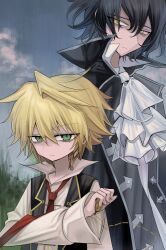 Rule 34 | 2boys, absurdres, ascot, black coat, black hair, blonde hair, blue sky, cloud, coat, expressionless, gilbert nightray, green eyes, highres, holding, meyou 0319, multiple boys, necktie, oz vessalius, pandora hearts, red necktie, size difference, sky, unamused, upper body, yellow eyes