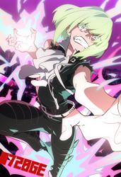 Rule 34 | 1672, 1boy, ascot, belt, black jacket, blonde hair, clenched teeth, fire, jacket, lio fotia, looking at viewer, male focus, outstretched hand, promare, purple eyes, pyrokinesis, signature, solo, teeth, torn clothes, torn sleeves