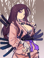Rule 34 | 1girl, bandages, breasts, forest, japanese clothes, jewelry, katana, kunai, large breasts, lipstick, long hair, makeup, michael f91, nail polish, nature, necklace, ninja, nipple slip, nipples, no bra, one eye closed, open clothes, open shirt, original, purple eyes, purple hair, sheath, sheathed, shirt, shuriken, sketch, solo, sword, weapon, wink