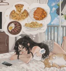 Rule 34 | 1girl, :3, anajudraws, animal, artist name, balcony, bare shoulders, bed, bedroom, black-framed eyewear, black hair, breasts, brown eyes, cat, cellphone, chest of drawers, clothes hanger, commentary, crossed arms, curry, curry rice, day, dolphin shorts, dreaming, english commentary, fish, floral print, food, freckles, fried egg, full body, glasses, gyuudon, hair between eyes, highres, hungry, imagining, indoors, katsu (food), long hair, lying, medium breasts, on bed, on side, orange cat, original, parted bangs, pasta, phone, phone with ears, pillow, pizza, polka dot, polka dot shorts, ponytail, railing, rice, semi-rimless eyewear, shorts, shrimp, sleeveless, smartphone, solo, spaghetti, tank top, television, thought bubble, under-rim eyewear, white tank top, window