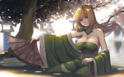 Rule 34 | 1girl, animal on arm, bare arms, bare shoulders, bird, bird on arm, blonde hair, blue eyes, bow, bowtie, breasts, cleavage, dappled sunlight, day, detached sleeves, dress, hand fan, floating hair, highres, large breasts, leaf, long hair, looking at viewer, off shoulder, on ground, original, outdoors, petals, sitting, sky of morika, solo, stone lantern, strapless, strapless dress, sunlight, tree, branch, wide sleeves
