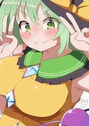 Rule 34 | 1girl, absurdres, alternate breast size, breasts, closed mouth, double v, green eyes, green hair, highres, komeiji koishi, large breasts, looking at viewer, polyhedron2, short hair, simple background, sleeveless, smile, solo, third eye, touhou, upper body, v, v-shaped eyebrows, white background