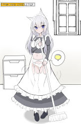 Rule 34 | 1girl, absurdres, animal ears, apron, black bow, black bowtie, black dress, black footwear, bladder, blue eyes, blush, bow, bow panties, bowtie, breasts, broom, buttons, cameltoe, closed mouth, collared shirt, dress, english text, female focus, fox ears, fox girl, frilled apron, frilled shirt, frills, full body, garter belt, gluteal fold, grey hair, hand up, have to pee, highres, holding, holding broom, indoors, juliet sleeves, knees together feet apart, long hair, long sleeves, looking at viewer, maid, maid apron, maid headdress, medium breasts, motion lines, navel, nervous, original, panties, panties over garter belt, partially colored, pee, puffy sleeves, shirt, shoes, solo, speech bubble, standing, stomach, sweat, thigh gap, thighhighs, toya12011, underwear, urine meter, white apron, white panties, white shirt, white thighhighs, window, x-ray