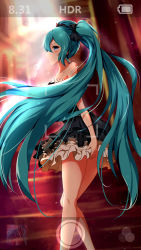 Rule 34 | 1girl, aqua eyes, aqua hair, bare legs, bare shoulders, camera, camera phone, cellphone, dress, from behind, hatsune miku, highres, long hair, looking back, phone, stairs, twintails, very long hair, vocaloid, xiao ren
