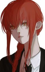 Rule 34 | 1girl, @ @, bad id, bad twitter id, black necktie, blood, blood on face, chainsaw man, closed mouth, eyelashes, formal, highres, inuo (inuo x), long hair, makima (chainsaw man), necktie, nosebleed, red hair, ringed eyes, simple background, solo, suit, upper body, white background, yellow eyes