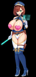 Rule 34 | 1girl, bare shoulders, black background, blush, boots, breasts, cameltoe, cleavage, collarbone, full body, gloves, hat, heart pasties, high heel boots, high heels, highres, holographic monitor, huge breasts, medium hair, open mouth, original, pasties, revealing clothes, shake (yawarakataiyo), thigh boots, thighhighs, white background, white gloves