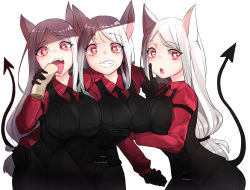 Rule 34 | 3girls, absurdres, animal ears, arm around shoulder, arm strap, belt, black belt, black gloves, black neckwear, black pants, black vest, breast lift, breasts, cerberus (helltaker), collared shirt, demon girl, demon tail, dog ears, dog girl, dress shirt, artistic error, fang, food, gloves, grin, hand on another&#039;s hip, heart, heart-shaped pupils, helltaker, highres, large breasts, long hair, long sleeves, looking at viewer, low-tied long hair, minggoo, multiple girls, necktie, open mouth, pancake, pants, red eyes, red shirt, shirt, simple background, smile, symbol-shaped pupils, tail, tongue, tongue out, triplets, v, very long hair, vest, waistcoat, white background, white hair