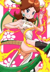 Rule 34 | 1girl, ass, blue eyes, boots, breasts, brown hair, cleavage, detesu, dragon, earrings, fire, flower earrings, grin, highres, horns, jewelry, legs, mario (series), medium breasts, nintendo, panties, princess daisy, shiny skin, skirt, smile, tail, thigh boots, thighs, tomboy, underwear, upskirt, wings
