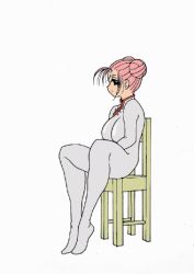 Rule 34 | 1girl, animated, animated gif, bodysuit, breasts, chair, contortion, double bun, flexible, full body, grey bodysuit, hair bun, large breasts, lowres, pink hair, red neckwear, sawano kiyoshi, short hair, simple background, sitting, solo, white background