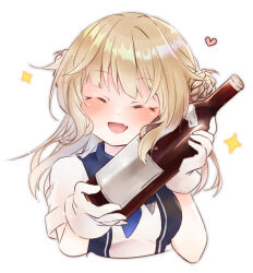Rule 34 | 1girl, blue dress, blush, bottle, braid, closed eyes, cropped torso, dress, facing viewer, gloves, heart, holding, holding bottle, kantai collection, light brown hair, long hair, nekomoto, open mouth, ranger (kancolle), revision, short sleeves, simple background, smile, solo, sparkle, upper body, white background, white dress, white gloves
