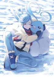 Rule 34 | 1boy, affectionate, altaria, blue footwear, blue hair, blue mittens, blue scarf, blush, boots, commentary request, creatures (company), day, eyelashes, game freak, gen 3 pokemon, grusha (pokemon), jacket, leaning, long sleeves, male focus, mittens, mocacoffee 1001, nintendo, one eye closed, open mouth, outdoors, pants, pokemon, pokemon (creature), pokemon sv, scarf, signature, smile, snow, spread legs, striped clothes, striped scarf, yellow jacket