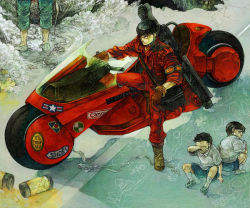 Rule 34 | 1980s (style), 2boys, aged down, akira (manga), back-to-back, bmw, canon (company), citizen (company), commentary request, company name, cyberpunk, dual persona, huge weapon, kaneda shoutarou (akira), karuta shiki, male focus, motor vehicle, motorcycle, multiple boys, oldschool, red theme, retro artstyle, riding, science fiction, shima tetsuo, shoei, sitting, time paradox, vehicle, weapon