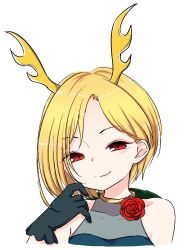 Rule 34 | 1girl, alternate costume, antlers, banned artist, bare shoulders, black gloves, blonde hair, blue dress, blush, breasts, closed mouth, commentary request, dress, eyelashes, eyes visible through hair, flower, gloves, hair behind ear, hair between eyes, hand up, highres, horns, kaisenpurin (style), kicchou yachie, looking at viewer, medium breasts, parody, red eyes, red flower, red rose, rose, short hair, simple background, sleeveless, sleeveless dress, smile, solo, style parody, tamazusa, touhou, turtle shell, upper body, white background