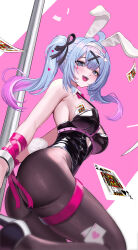 Rule 34 | 1girl, absurdres, animal ears, arm ribbon, black leotard, black pantyhose, black ribbon, blue eyes, blue hair, blush, bow, bowtie, breasts, clothing cutout, colored tips, cutout above navel, detached collar, fake animal ears, fake tail, floating card, hair ribbon, hatsune miku, heart, heart cutout, heart in eye, highres, leotard, light blue hair, looking at viewer, medium breasts, mizurin, multicolored hair, open mouth, pantyhose, pink bow, pink bowtie, pink hair, playboy bunny, pole, rabbit ears, rabbit hole (vocaloid), rabbit tail, ribbon, sideboob, sidelocks, solo, stripper pole, sweat, symbol in eye, tail, teardrop facial mark, teeth, thigh strap, twintails, two-tone hair, upper teeth only, vocaloid