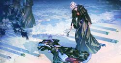 Rule 34 | 1boy, 3others, ambiguous gender, black capelet, black coat, black robe, blue flower, blue rose, blurry, capelet, clothes on floor, coat, collarbone, commentary, crystal, depth of field, different shadow, emet-selch, english commentary, epaulettes, final fantasy, final fantasy xiv, flower, from side, fur-trimmed coat, fur trim, hair pulled back, highres, holding, holding flower, hood, hood down, hooded capelet, leaf, long sleeves, male focus, mask, mask around neck, unworn mask, multiple others, outdoors, realistic, robe, rose, short hair, solo focus, tassel, walking, water, white hair, wide shot, wide sleeves, yellow eyes, yzrirido