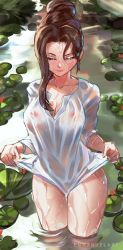 Rule 34 | 1girl, artist name, breasts, brown hair, cleavage, closed eyes, closed mouth, collarbone, commentary, cowboy shot, enma (enmanuelart), eyelashes, forehead, hair bun, highres, large breasts, lifting own clothes, lily pad, lips, long sleeves, nipples, no bra, original, parted bangs, pond, shirt, single hair bun, sketch, solo, standing, thighs, wet, wet clothes, wet shirt, white shirt