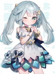 Rule 34 | 1girl, absurdres, aqua hair, bare shoulders, blush, bracelet, brooch, closed mouth, clothing cutout, commentary, cowboy shot, dress, eringikinono, faruzan (genshin impact), genshin impact, green eyes, hair ornament, highres, jewelry, long bangs, long hair, looking at viewer, multiple bracelets, one eye closed, own hands together, ring, short sleeves, shoulder cutout, sidelocks, simple background, smile, solo, symbol-shaped pupils, thigh ring, triangle-shaped pupils, twintails, white background, white dress, x hair ornament