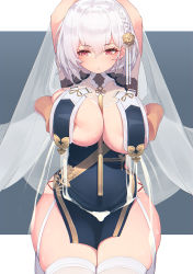 Rule 34 | 1girl, arms up, azur lane, between breasts, blush, braid, breast curtains, grabbing another&#039;s breast, breasts, china dress, chinese clothes, commentary request, dress, flower, french braid, garter straps, grabbing, grabbing from behind, hair between eyes, hair flower, hair ornament, highres, lactation, large breasts, legs together, looking down, neckwear between breasts, outside border, pelvic curtain, pepper0, red eyes, revealing clothes, revision, see-through, see-through sleeves, short hair, side braid, sirius (azur lane), sirius (azure horizons) (azur lane), solo focus, strap between breasts, thighhighs, thighs, triangle mouth, white hair, white thighhighs, wide hips