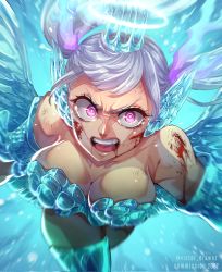 Rule 34 | 1girl, aqua background, bare shoulders, black clover, blood, breasts, cleavage, collarbone, highres, large breasts, looking at viewer, noelle silva, open mouth, purple eyes, silver hair, solo, thighhighs, twintails, victor drawnz