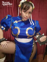 Rule 34 | 1girl, artist name, bracelet, breasts, bright pupils, brown pantyhose, capcom, chinese clothes, chun-li, chun-li (cosplay), cosplay, cowboy shot, curtains, eyelashes, female focus, hand on own thigh, highres, jewelry, large breasts, looking at viewer, makeup, pantyhose, photo (medium), puffy short sleeves, puffy sleeves, raven nyuugao, short sleeves, solo, spiked bracelet, spikes, standing, street fighter, thick thighs, thighs