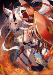 Rule 34 | 1girl, absurdres, animal ears, armor, bare shoulders, black horns, body markings, bow, breasts, chisya syuri, cosplay, detached sleeves, facial mark, fate/grand order, fate (series), fire, floating hair, fox ears, fox tail, gloves, hair ornament, hair ribbon, hairclip, highres, horns, indie virtual youtuber, japanese armor, japanese clothes, kimono, kote, kusazuri, large breasts, long hair, looking at viewer, multiple tails, obi, oni horns, red bow, red eyes, red horns, ribbon, sash, scottie (phantom2), short kimono, side slit, sideboob, sleeveless, sleeveless turtleneck, solo, sword, tail, tomoe gozen (fate), tomoe gozen (fate) (cosplay), turtleneck, very long hair, virtual youtuber, weapon, white hair, white kimono, wind