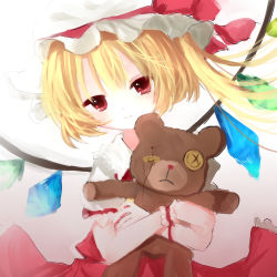 Rule 34 | 1girl, blonde hair, button eyes, buttons, doll, female focus, flandre scarlet, hat, hugging doll, hugging object, nashi rin, red eyes, side ponytail, sketch, solo, stuffed animal, stuffed toy, teddy bear, touhou, upper body, wings