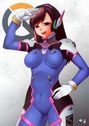 Rule 34 | 1girl, bodysuit, breasts, brown eyes, brown hair, contrapposto, covered navel, cowboy shot, d.va (overwatch), gloves, hand on own hip, headgear, impossible bodysuit, impossible clothes, jadenkaiba, looking at viewer, open mouth, overwatch, overwatch 1, smile, solo, standing, watermark, white gloves