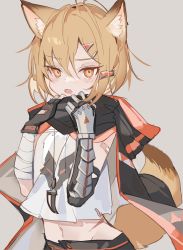 Rule 34 | 1girl, animal ears, antenna hair, arknights, awa iro, bandaid, bandaid on arm, black cape, black shorts, blonde hair, cape, crop top, artistic error, female focus, fox ears, fox girl, fox tail, grey background, hair ornament, hairclip, hands up, highres, hood, hood down, hooded cape, jewelry, light blush, looking at viewer, navel, necklace, open mouth, orange eyes, prosthesis, prosthetic arm, shirt, short hair, shorts, simple background, solo, tail, teeth, tooth necklace, upper teeth only, vermeil (arknights), white shirt