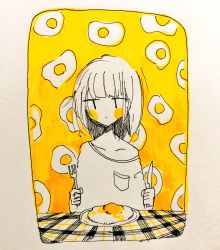 Rule 34 | 1girl, blush stickers, breast pocket, clenched hand, commentary, egg (food), food, fork, fried egg, greyscale, highres, knife, marker (medium), monochrome, off-shoulder shirt, off shoulder, original, outo eguchi, pen (medium), photo (medium), plate, pocket, shirt, short hair, solo, table, table cloth, traditional media, yellow blush