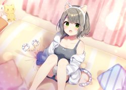 Rule 34 | 1girl, :d, animal ears, bad id, bad pixiv id, bare shoulders, bed, blurry, blush, breasts, camisole, cat ears, cat tail, collarbone, commentary request, cuffs, curtains, depth of field, fake animal ears, fang, feet out of frame, fingernails, green eyes, grey hair, hair ornament, hairband, hairclip, highres, indoors, jacket, knees up, lens flare, long sleeves, looking at viewer, mafuyu (chibi21), medium breasts, off shoulder, on bed, open mouth, original, panties, panty peek, pillow, short hair, shorts, sitting, smile, solo, stuffed animal, stuffed cat, stuffed rabbit, stuffed toy, tail, underwear, upshorts
