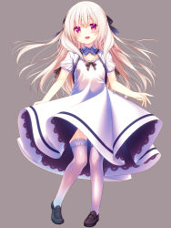 Rule 34 | 1girl, black footwear, dress, full body, grey background, long hair, open mouth, original, red eyes, ribbon, shoes, short sleeves, simple background, smile, solo, thighhighs, usume shirou, white dress, white hair, white thighhighs