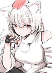Rule 34 | 1girl, animal ear fluff, animal ears, black gloves, breasts, brown eyes, closed mouth, commentary request, detached sleeves, fingerless gloves, gloves, hand on own cheek, hand on own face, hat, head rest, highres, inubashiri momiji, looking at viewer, medium bangs, medium breasts, pom pom (clothes), red hat, shirt, short hair, simple background, sketch, sleeveless, sleeveless shirt, smile, solo, tail, tokin hat, touhou, turtleneck, turtleneck shirt, upper body, white background, white hair, white shirt, white sleeves, wolf ears, wolf girl, wolf tail, yoyoiro (sysi20)