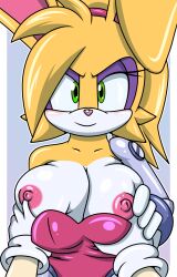 Rule 34 | 1girl, 2023, animal ears, breasts, bunnie rabbot, furry, furry female, gloves, grabbing, grabbing another&#039;s breast, green eyes, groping, highres, large breasts, looking at viewer, nipples, pov, rabbit, sonic (series), sonic the hedgehog (archie comics), sonicguru, yellow fur